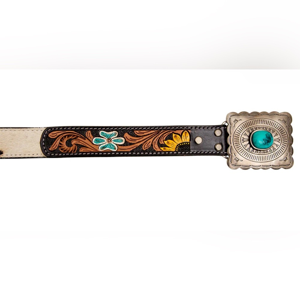 NWT Myra Western Hand Tooled Leather Belt w/ Hair On Hide & Turquoise Accents - Picture 3 of 15